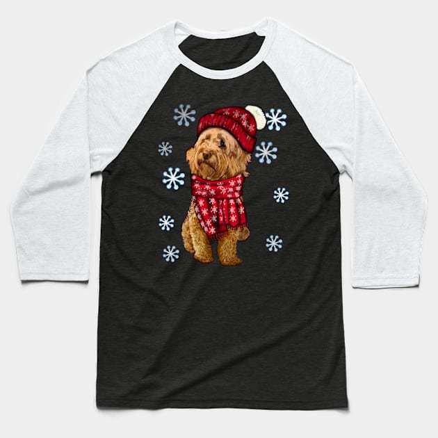 Cavapoo Cavoodle in festive red winter hat and scarf with snowflakes - cute cavalier king charles spaniel snug in a snowflake themed scarf Baseball T-Shirt by Artonmytee